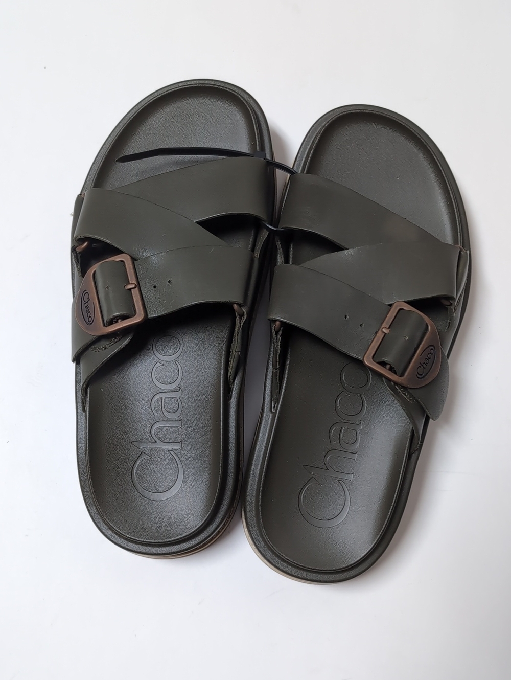 Chaco Women’s Cross-Strap Slide Sandals in Olive Green with Brown Buckles